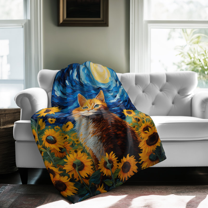 Van Gogh's Blooming Cat - 1 Pièce Sherpa Premium - Reproduction d'art luxueuse, Grand lit