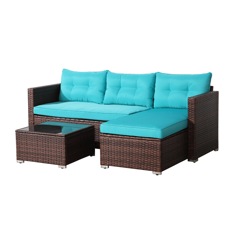 Presious 3 Piece Rattan Sofa Seating Group with Cushions, Brown Frame/Turquoise Cushion