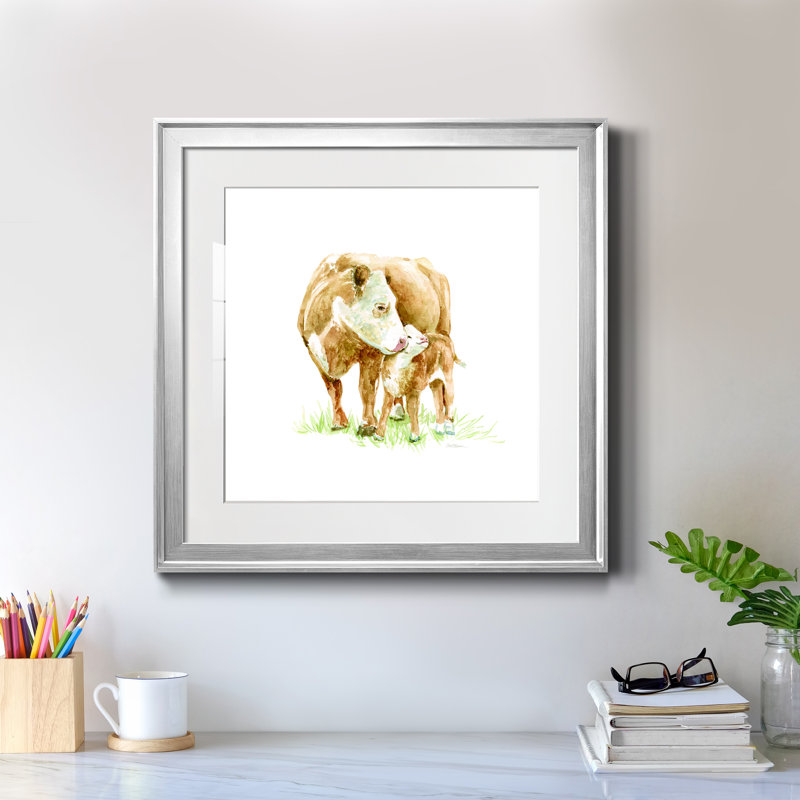 Vache et veau - Peinture encadrée, H 22,5 po x l 22,5 po x P 1,5 po, Encadrement argenté