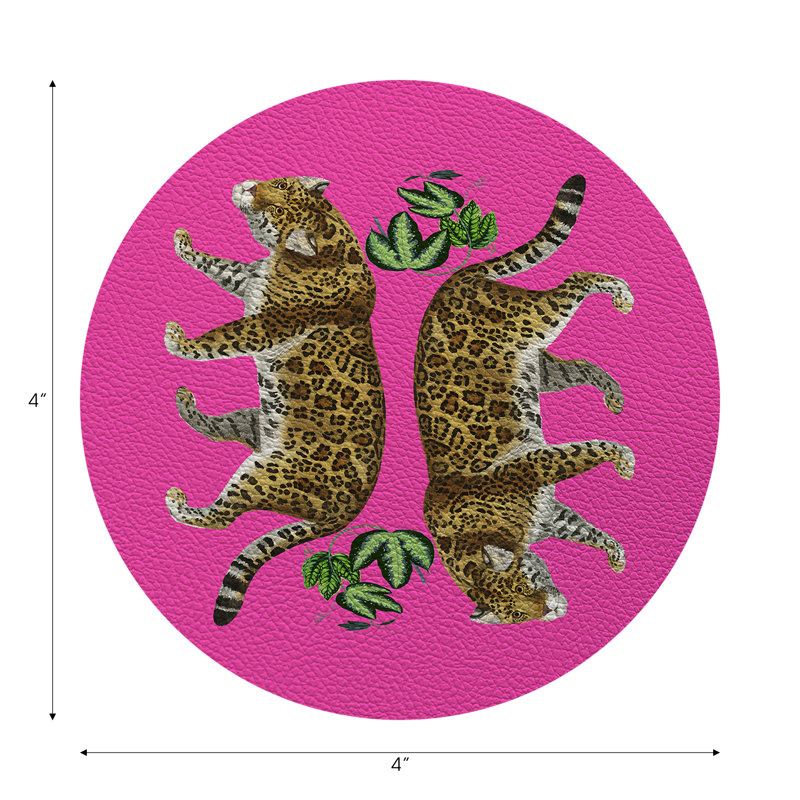 Sous-verres ronds en cuir vegan rose vif léopard, Rose millennial