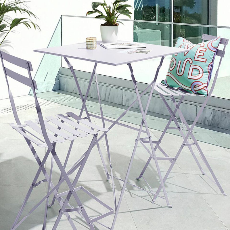 Palma 2 Folding Metal Chairs & Table Bistro Bar Patio Breakfast Furniture Set, Lilac
