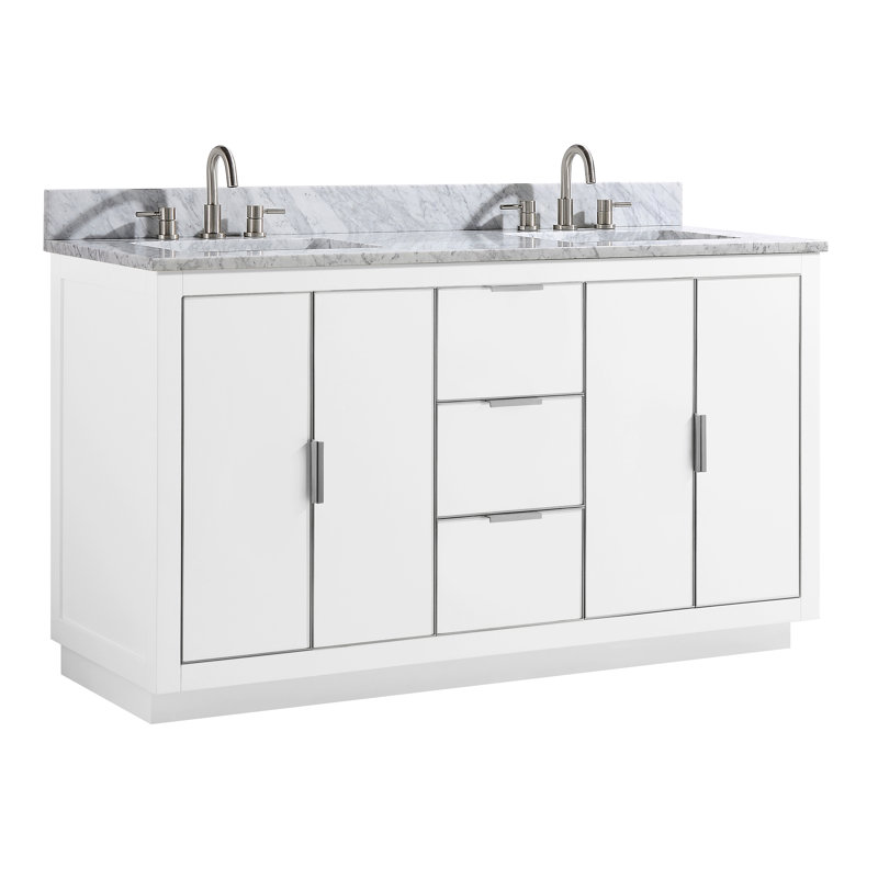 Meuble-lavabo double 61 po Salise, Marbre blanc de Carrare / argent, Blanc