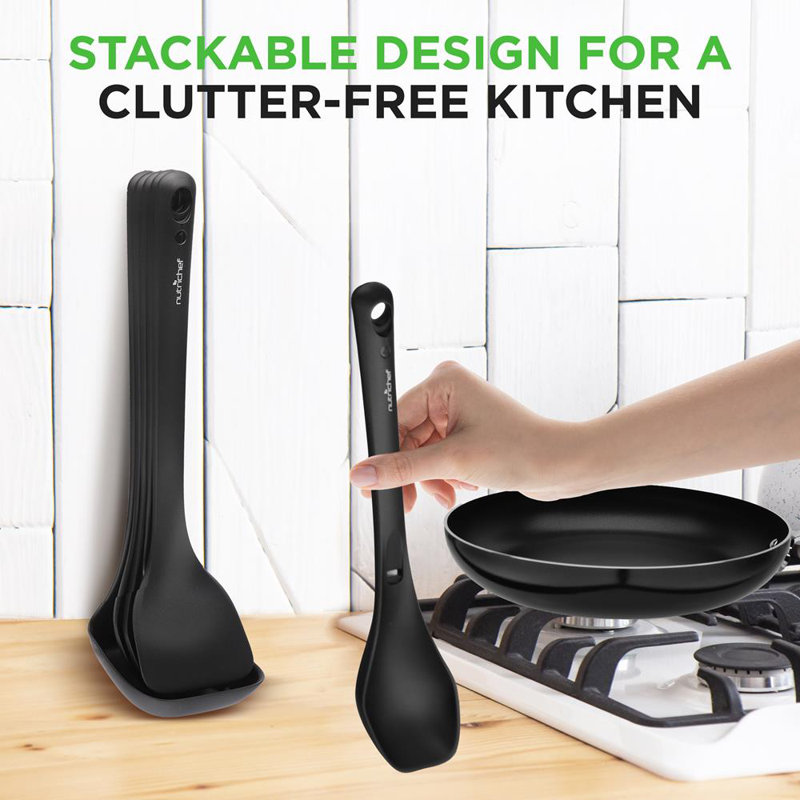 Ensemble d'ustensiles de cuisine en silicone Nuthausf - ensemble d'ustensiles de 8 pièces avec spatule, fourchette à pâtes, cuillère solide, cuillère rainurée et support à outils, résistant à la chaleur, de qualité alimentaire, facile à nettoyer et empilable (noir)
