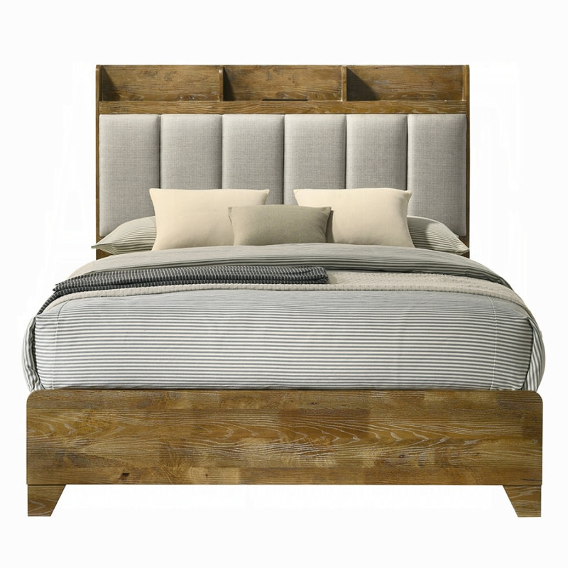 Transitional Brown Finish 1Pc King Size Bed Upholstered Headboard USB Ports Wooden Bedroom Furniture, King