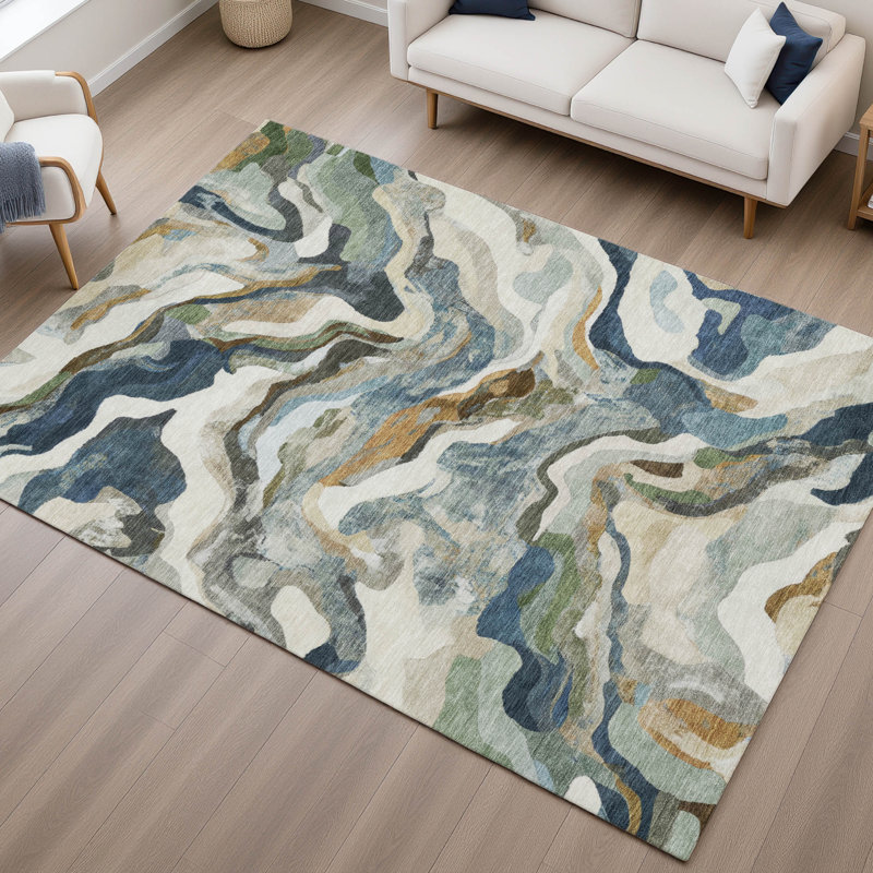 Tapis moderne lavable à la machine de qualité supérieure Mayfield AMF2162, En jean, Rectangulaire 8 pi x 10 pi