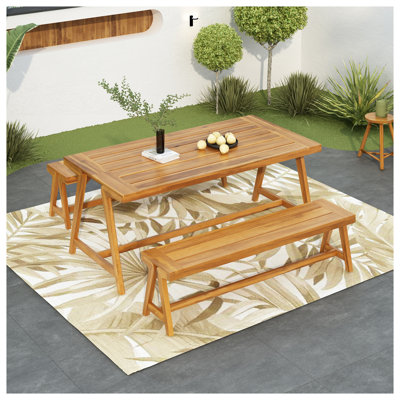Ensemble de table de pique-nique en bois d'acacia 3 pièces avec bancs, ensemble repas d'extérieur en teck
