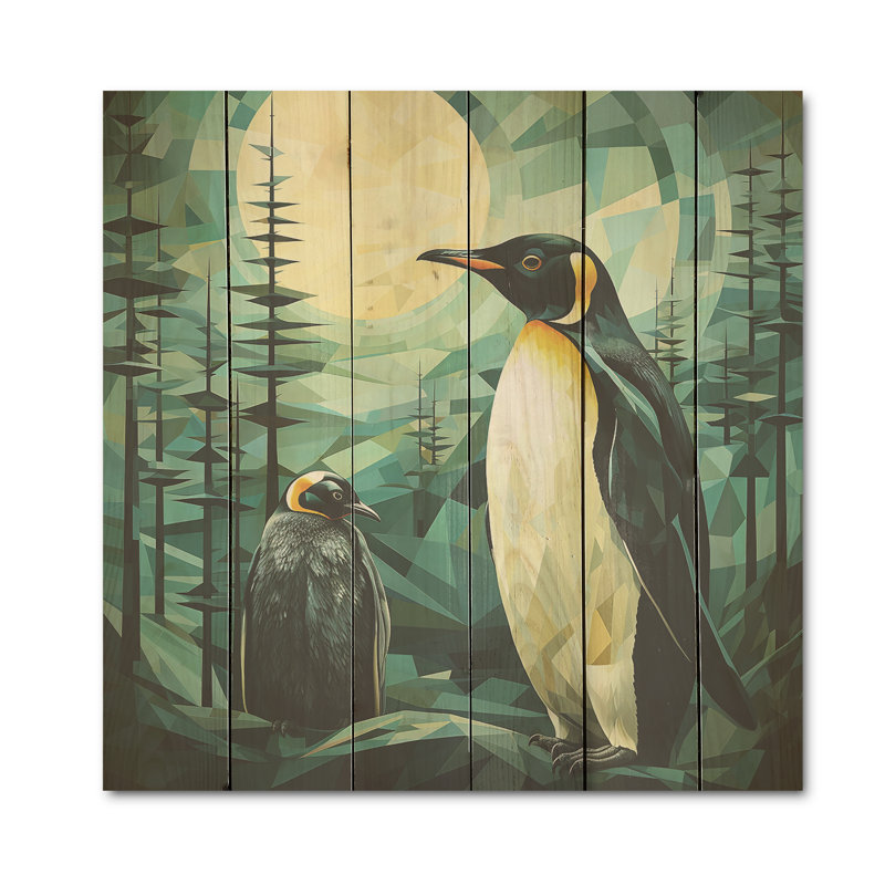 Forêt de pingouins au coucher du soleil I - Art sur bois de pin pingouin naturel, H 36 po x l 36 po