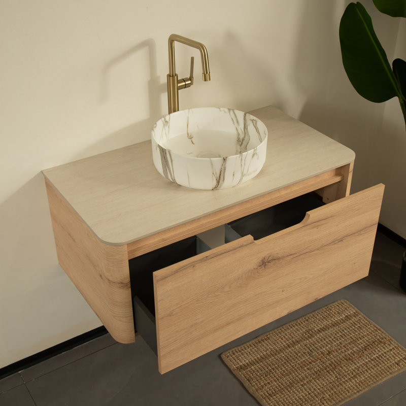 Meuble-lavabo flottant 36 po avec lavabo rond en céramique et comptoir en pierre frittée à motif de travertin, tiroir à fermeture en douceur, pré-assemblé, finition chêne blanc