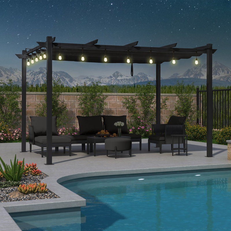 13 pi. L 10 pi. Pergola en métal avec auvent, Gris