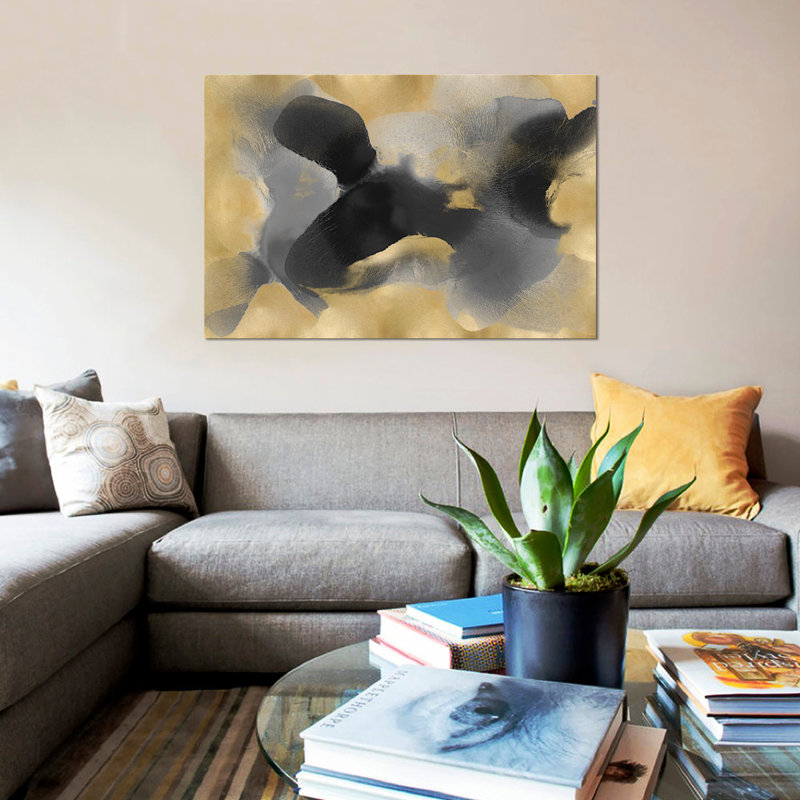 «Free form Gray on Gold II», reproduction sur toile, H 40 po x l 60 po x P 1,5 po, Pas de tapis, Toile tendue