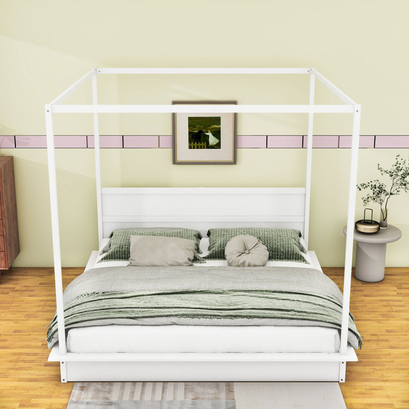 Derel Wood Canopy Platform Bed with Support Slats and LED Light, King
