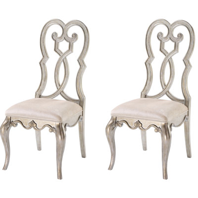 And Antique Champagne Side Chairs 2, Élégante reine, Coussin en mousse confortable, Ornement à volutes en bois raffiné, 2 chaises de salle à manger, Dossier charmant, Rembourrage, Défilement exquis,