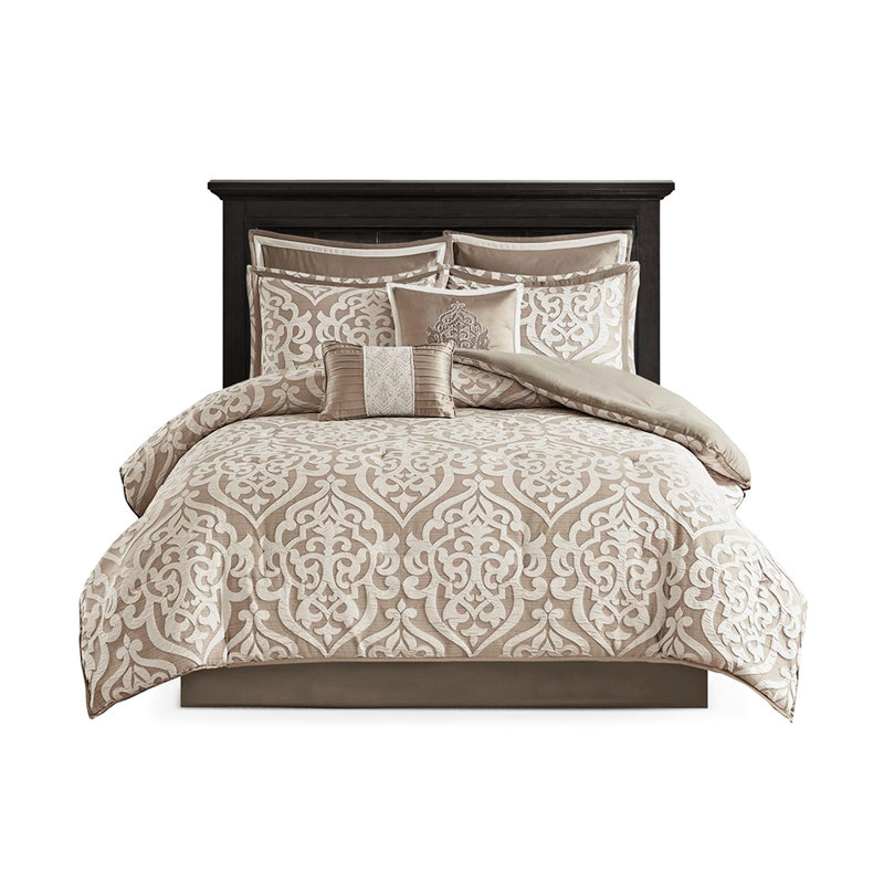 Édredon brun clair / très grand 8 pièces - Motif époustouflant, envers en microfibre, lavable à la machine en médaillon de luxe, 2 taies décoratives européennes, jupe de lit