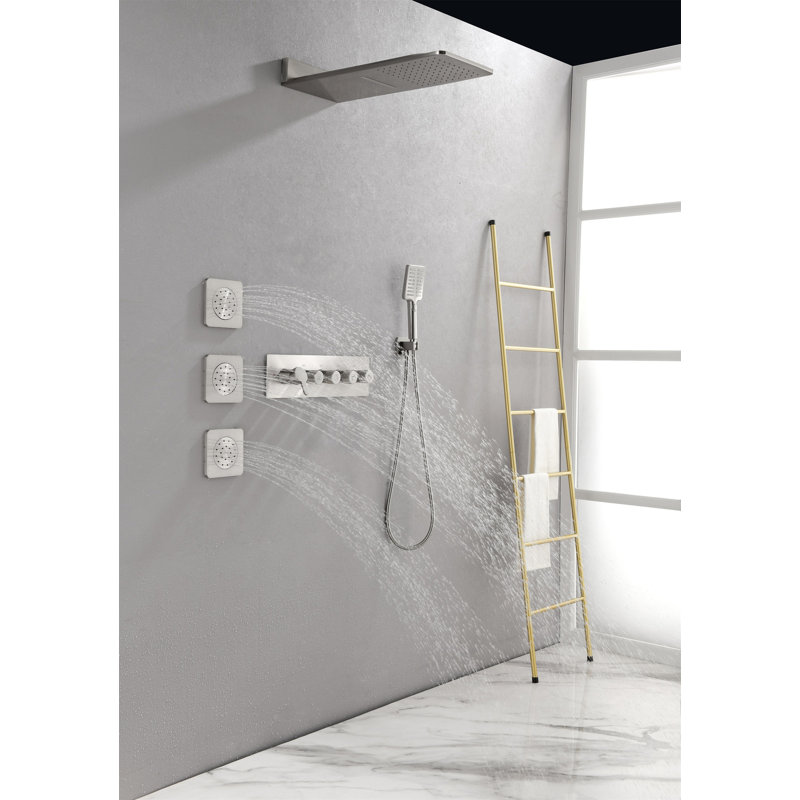 Wall Mounted Waterfall Rain Shower System With 3 Body Sprays & Handheld Shower, Brushed Nickel