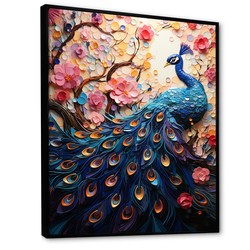 «Flower Colors Of The Peacock III» - art mural encadré paon, 44" H x 34" W, Cadre flottant noir