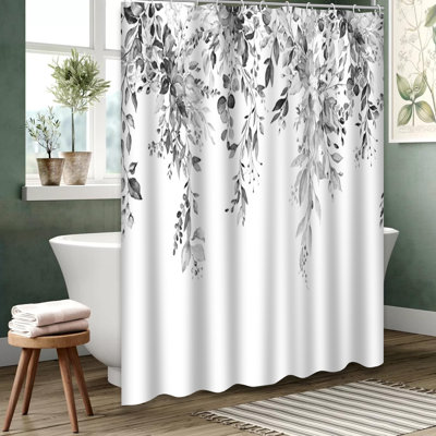 Grey Watercolor Floral Herbs Leaves Shower Curtain with 12 Hooks