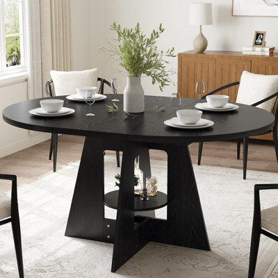 59" Oval Farmhouse Dining Table with Storage Shelf & Wood Pedestal Base, Black, Seats 4-8