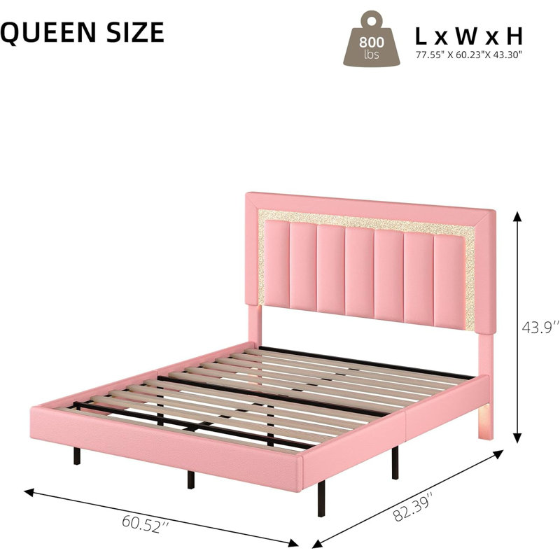 Floating Bed Frame with Smart LED Lights, Faux Leather Upholstered Platform Bed with Diamond PU Headboard, Queen, Pink