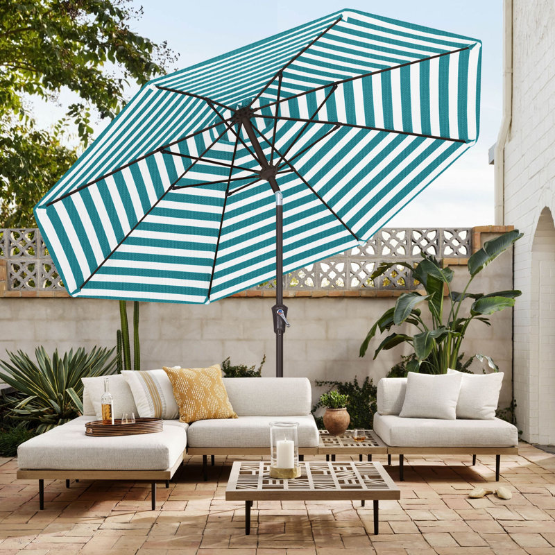 Parasol de marché en oléfine de 2,74 m (9 pi) avec inclinaison et levage à manivelle, Rayures lagon