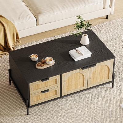 Farmhouse Rattan Coffee Table, Modern Center Table with 2 Drawers Storage Cabinet and Open Shelf, Rectangle End Table with Metal Frame for Living Room, Bedroom, Black and Oak