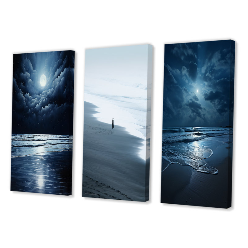 «Beach Photo Serene Moonlight», 3 pièces sur toile, Toile tendue, H 32 po x l 48 po