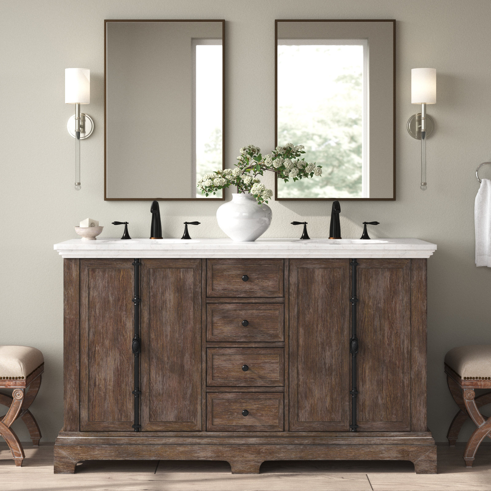 Farmhouse 72 in Double Sink Bathroom Vanity in Grey with Calacatta Gold  Quartz Countertop