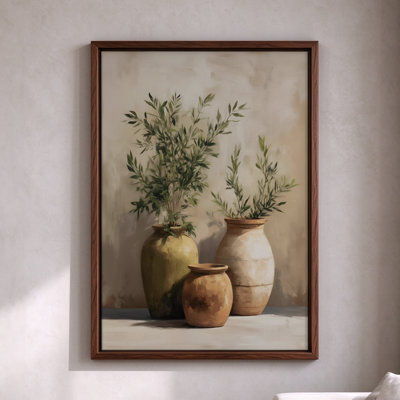 Framed Canvas Wall Art Three Ceramic Vases with Green Plants Botanical Impressionist Oil Painting Style Modern Artwork 16x24 Inch Brown Floater Frame for Bedroom Living Room Office Decor