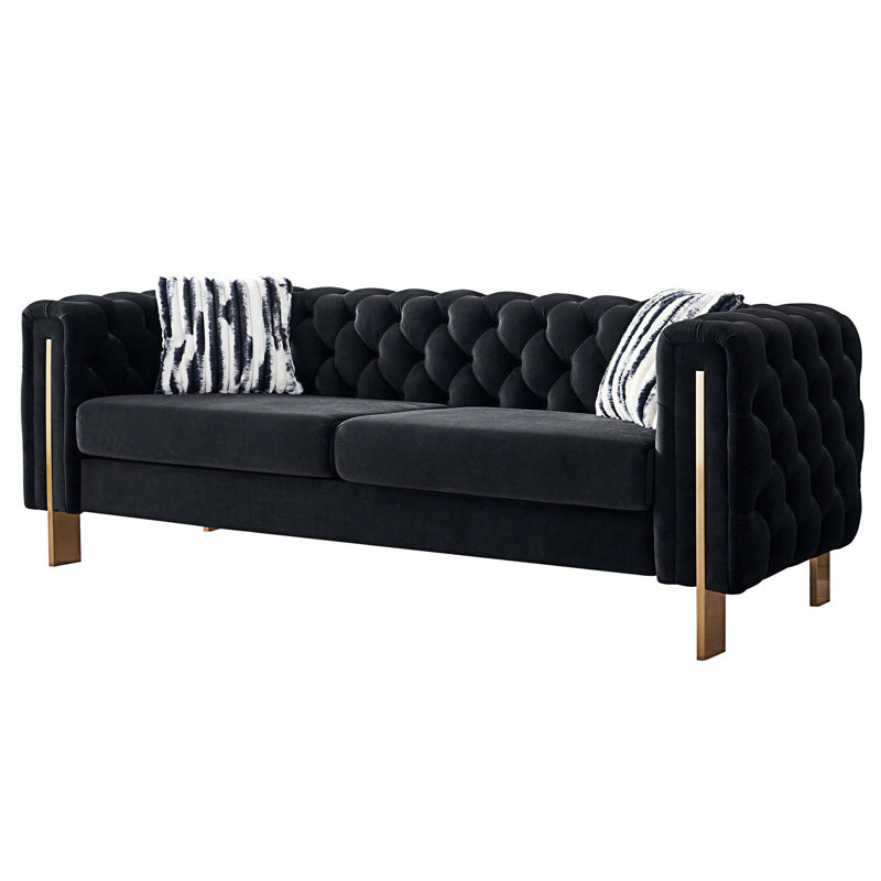 Canapé Chesterfield à accoudoirs roulés 84,25 po Subra, Velours noir