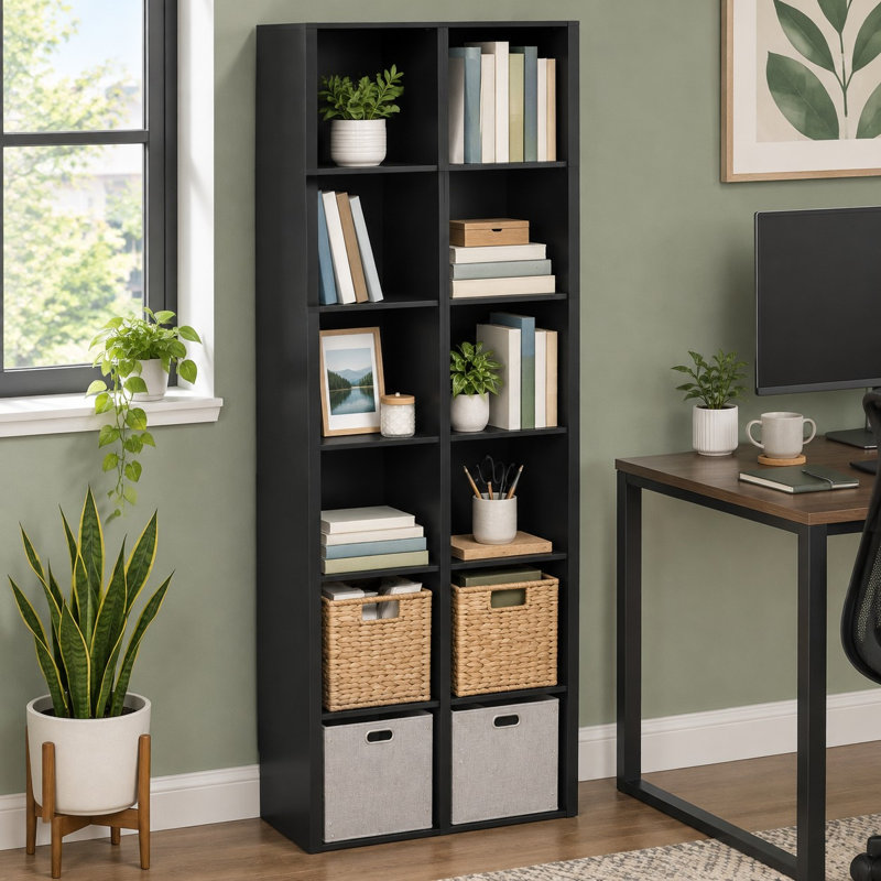 Cette bibliothèque autoportante noire à 5 cubes présente un design ouvert étroit et discret ainsi qu'une surface en mélamine écologique, idéale pour les bureaux, les salons, les chambres ou les espaces de travail à domicile.