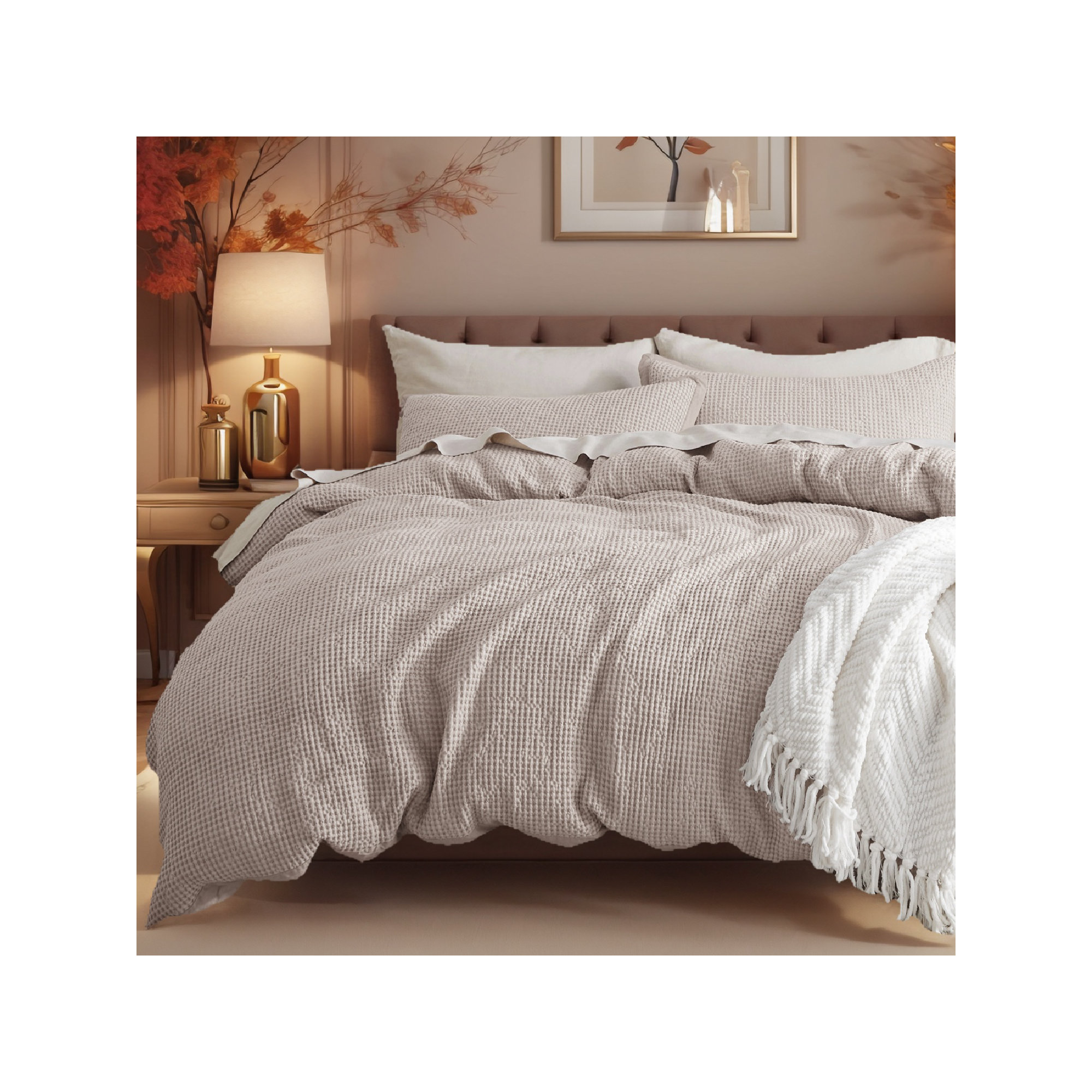 Bedsure Luxury Soft 100% Cotton Waffle Weave Plaid Duvet Cover, Linen, King Duvet Cover + 2 King Shams