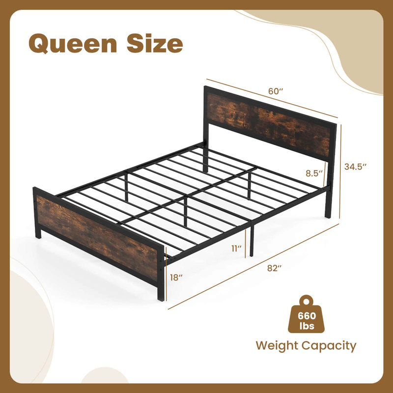Metal Bed Frame With Headboard & Footboard Metal Slats Support, Queen