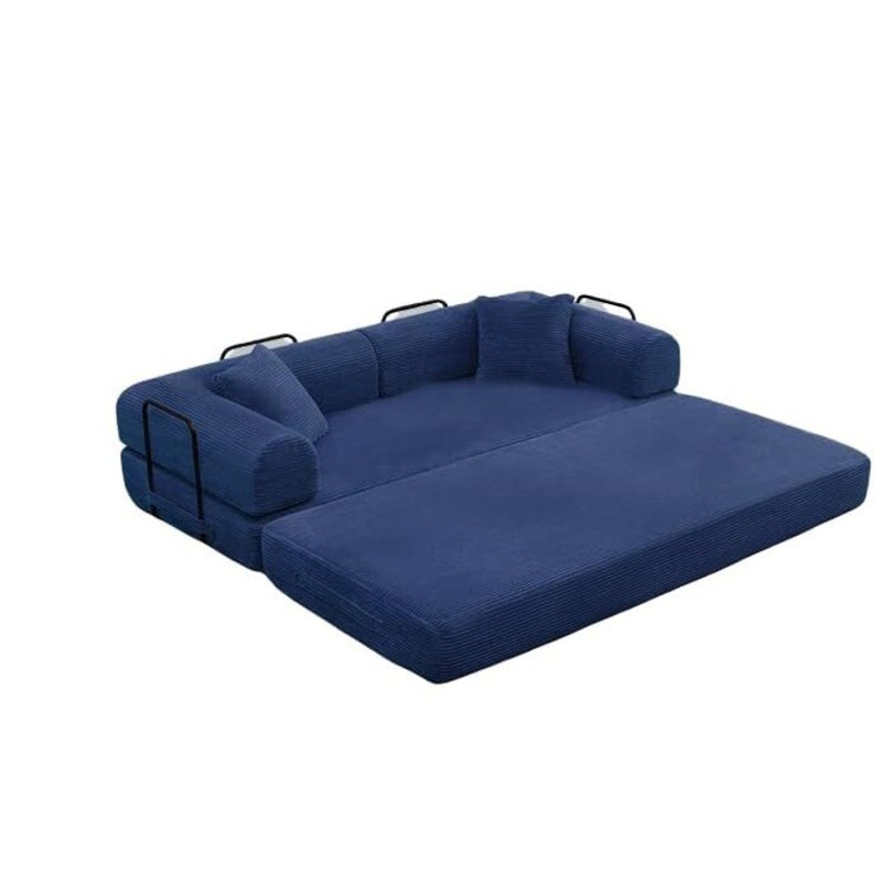 Canapé-lit convertible avec oreiller cylindrique, canapé-lit pliant en velours côtelé avec structure de forme fixe, canapé-lit de salon pour salon, chambre à coucher, studio de détente (bleu)