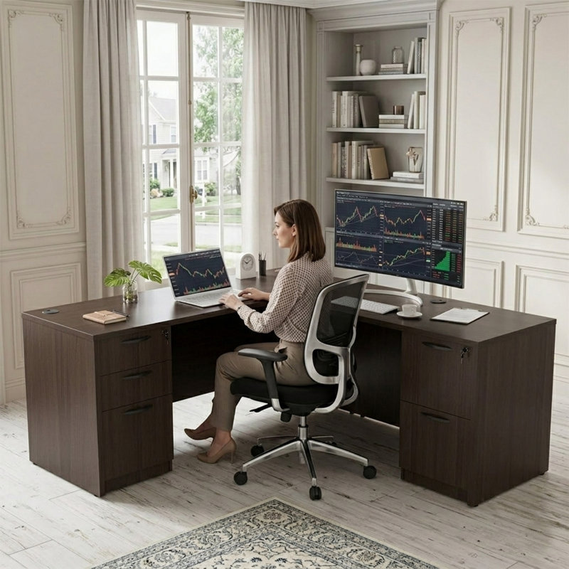  66.93'' L-Shaped Executive Desk with Cabinets, Espresso