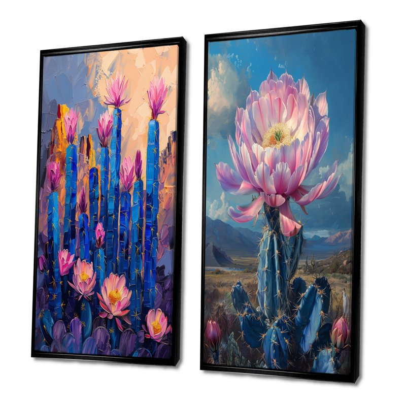 Ensemble de 2 pièces d'art mural rose cactus Grace III - Floral Cactus, H 40 po x l 40 po, Cadre flottant noir