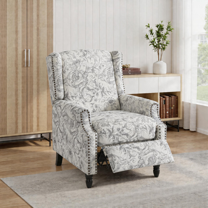 Ameiah 74 cm W Upholstered Wing Back Manual Push Back Recliner with Naihead Trims, Rococo Light Gray Chenille