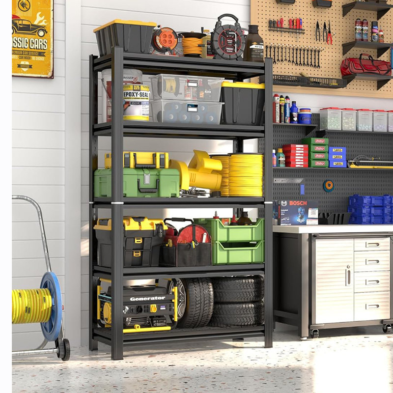Étagère de garage, étagère en métal robuste à 5 niveaux, charge 5000 lb, étagères en acier et rangement avec tablette réglable, noir, support de rangement pour garage, sous-sol, entrepôt, rangement