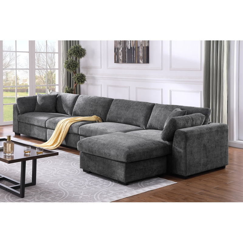Chenille 5-Seater Upholstered Sofa with Reversible Ottoman & Wide Deep Seat, Dark Gray