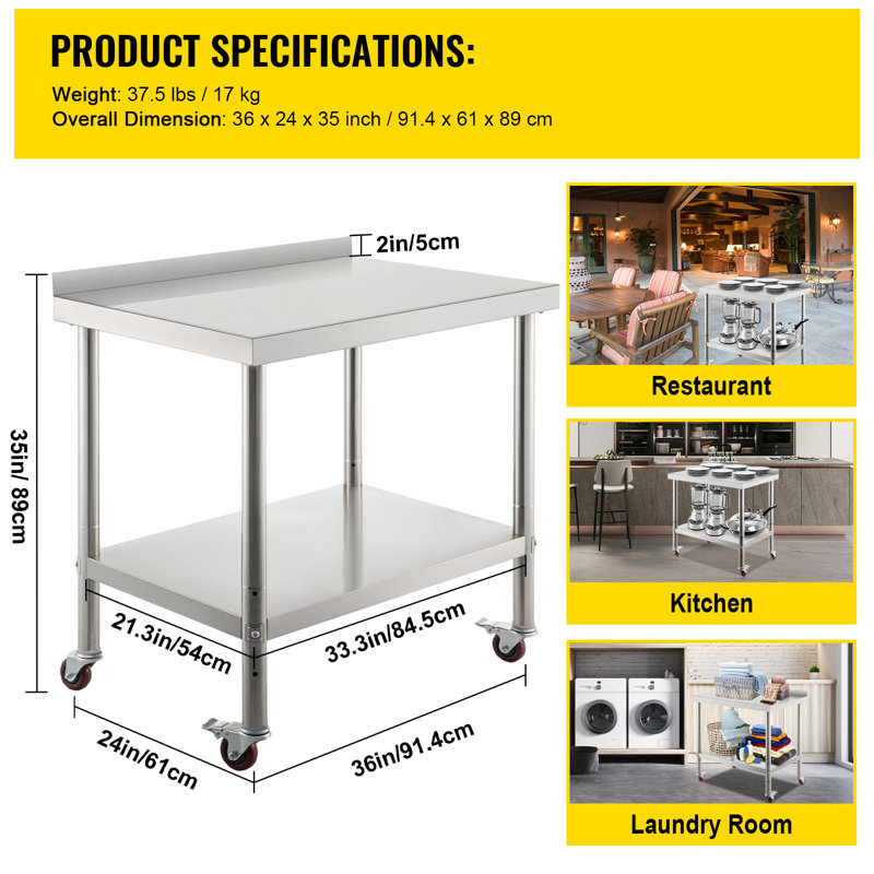 Stainless Steel Prep Table, 36 x 24 x 35 Inch, 440lbs Load Capacity Heavy-Duty Metal Worktable with Backsplash Adjustable Undershelf & 4 Casters, Commercial Workstation for Kitchen Restaurant
