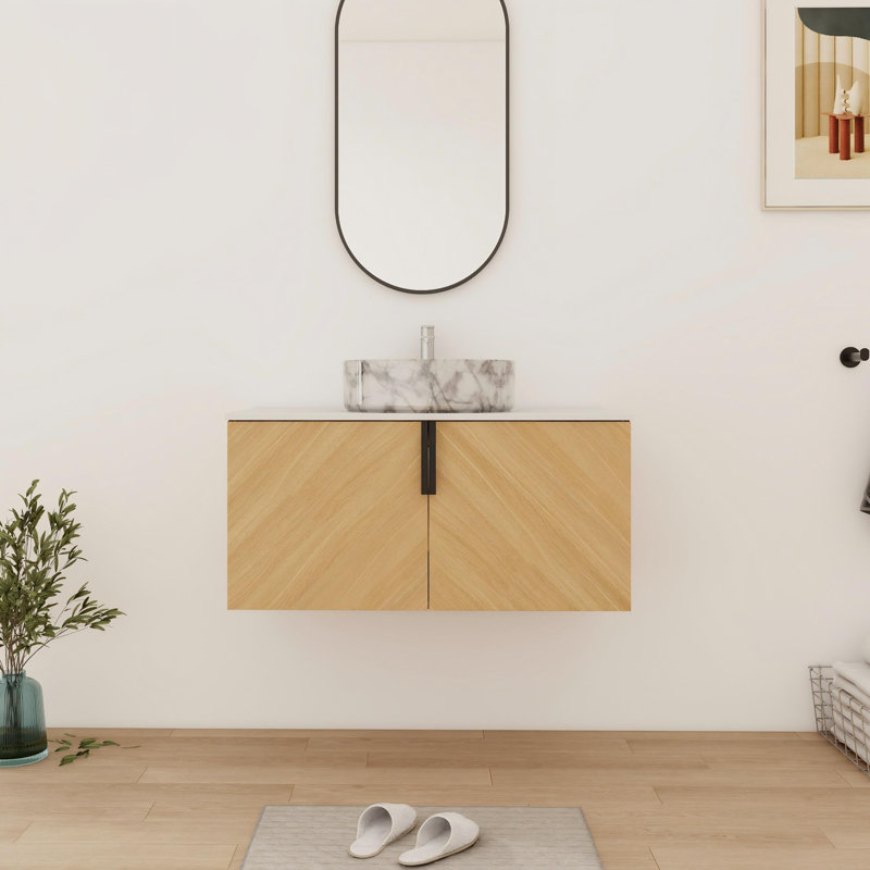 Meuble-lavabo mural simple 36 po avec comptoir en céramique 36 po, Blanc / Gris