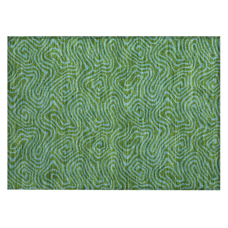 Green Swirl Pattern Washable Rectangular Synthetic Rug