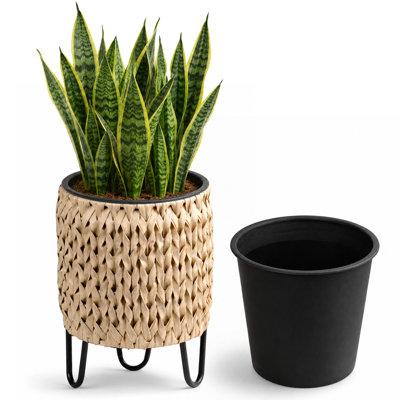 SOLHOME 9.8" Polyrattan Planter with Stand, Natural Resin Wicker Plant Pot with Steel Legs – Indoor Outdoor Decorative Planter with PP Insert