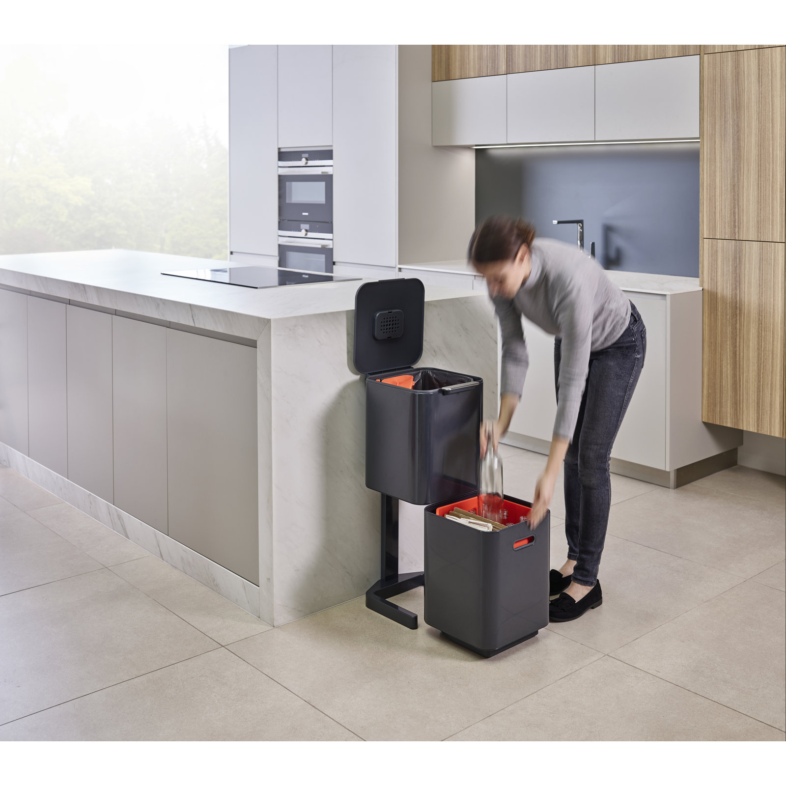 Joseph Joseph Totem Waste & Recycling Dual Kitchen Trash Can, Graphite, 10.60 US Gallons
