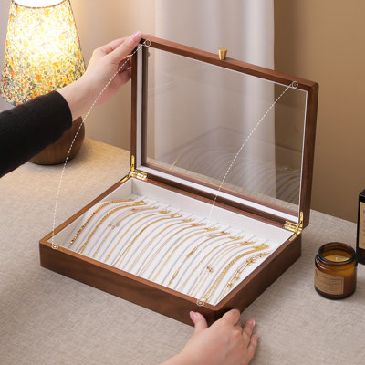 Black Walnut Wooden Necklace Box, 13 Hooks Display Organizer Tray with Glass Lid for Women Pendant Chain.