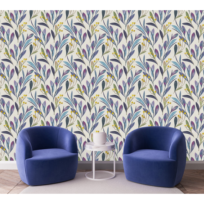 Carreau de papier peint adhésif à feuilles bleues et mauves L 10,4 pi x l 25 po