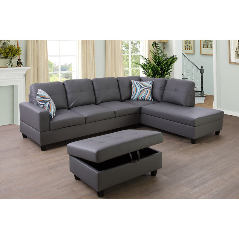 Brevard Faux Leather L-Shaped Sectional, Dark Gray, Right Hand Facing