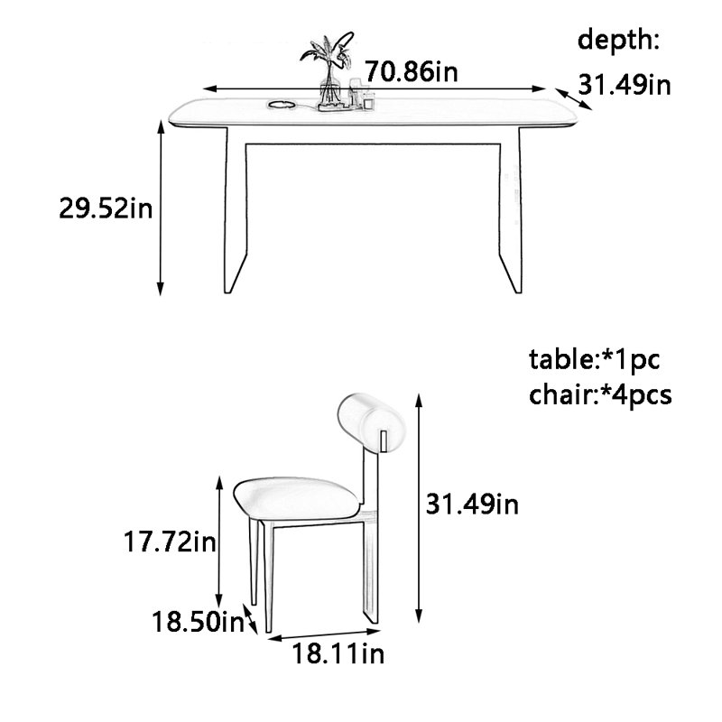 New style simple dining table and chair set, 29.52"H x 70.86"L x 31.49"W