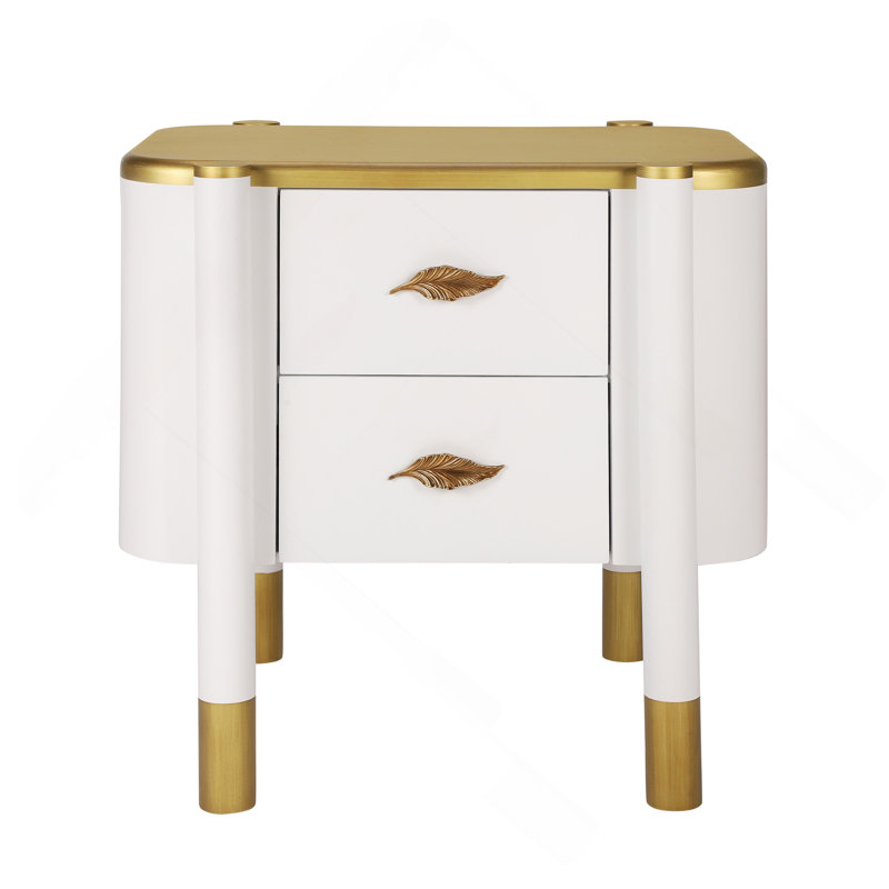 Contemporary 2 Drawers Nightstand With Curved Profile Design, Bedside Table With Metal Feather-Shaped Handles And Exposed Legs, End Table For Living Room And Bedroom, Easy Assembly
