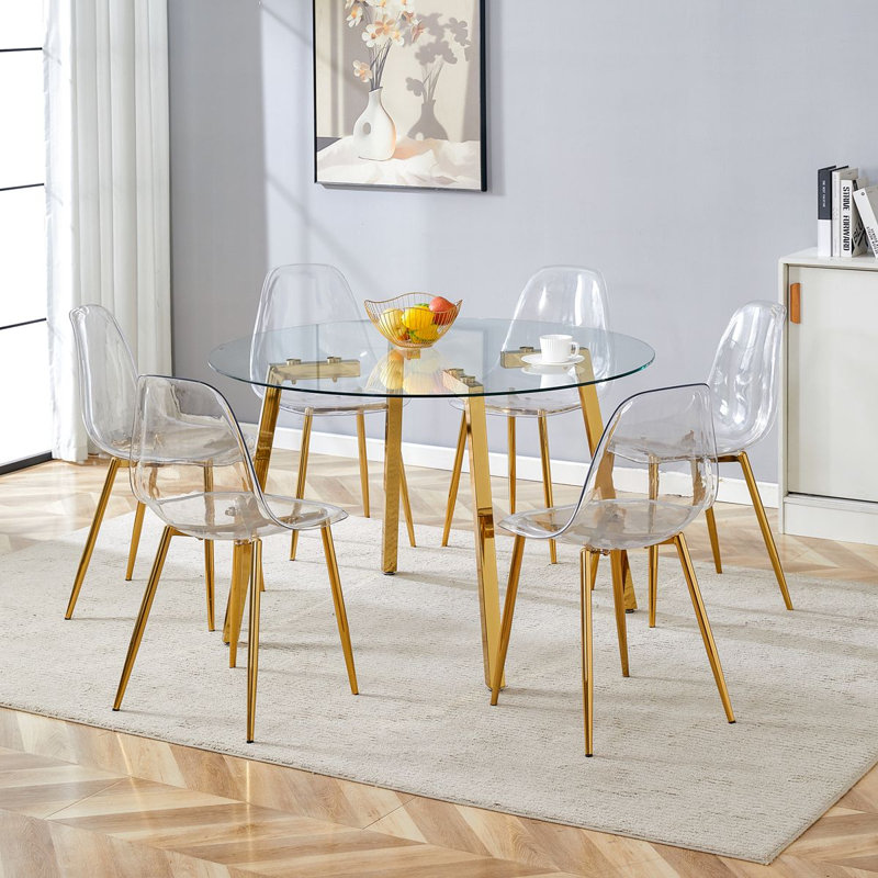 7-Piece Round Dining Table Set — Tempered Glass Top Dining Table And Chairs, 7 Pieces: Table, 6 Chairs