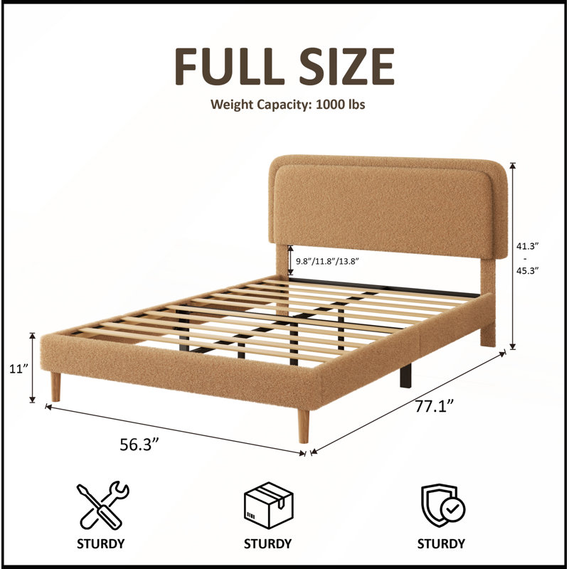 Lit plateforme double rembourré en peluche avec tête de lit réglable en hauteur, structure en acier robuste, compatible avec les matelas sans ressorts
