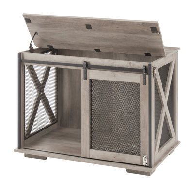 Wooden Dog Crate With Flip-Top Access And Side Compartment, Gray Chew- Cage Compartment Detachable Divider,